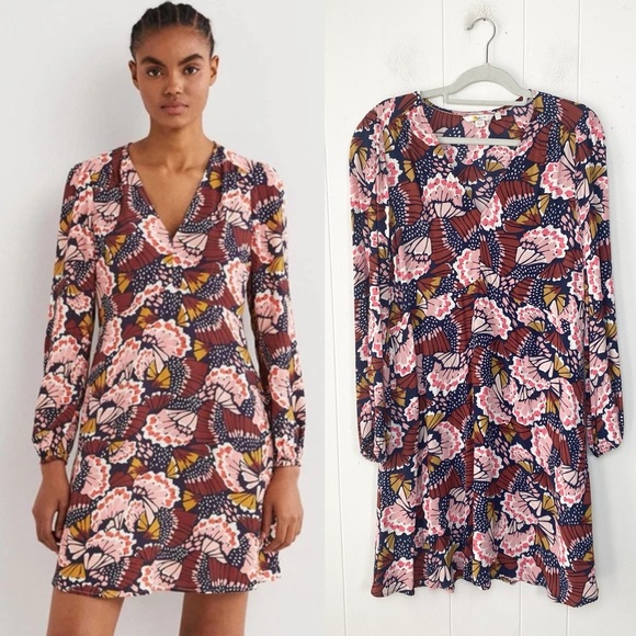 Boden Dresses & Skirts - Boden V-Neck Tea Dress Flower Butterfly Petal Stamp Boho Print Dress US 12